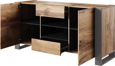 Produktbild von MIRJAN24 Wohnzimmer-Set Wood I mit Kommode, TV-Lowboard und Vitrine, Modern Wohnmöbel, Komplett (Farbe: Wotan / Anthrazit)