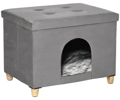 Produktbild von Katzenhaus als Fußhocker mit Kissen | Farbe: Grau/Schwarz/Weiß | Abmessungen: 60x45x44,5 cm