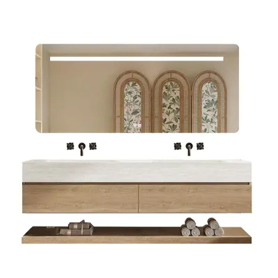 Produktbild von Wandhängendes Doppelwaschbecken-Set, Travertine look, mit Spiegel, Unterschrank, Sinterstein, ohne Armaturenloch 130×55 cm【RW4822-130 BKK】