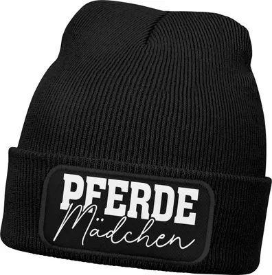 Produktbild von Damen Beanie mit Patch Strickmütze mit Spruch Pferdemädchen Aufdruck Lustig Damenmütze Geschenk Reiterin Moonworks®