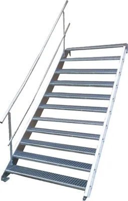 A metal staircase with a handrail against a white background.