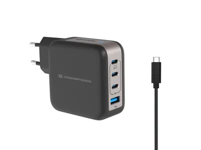 Produktbild von Conceptronic 4-Port 100W GaN USB-PD-Ladegerät mit USB-C-Ladekabel, USB-C x 3, USB-A x 1, QC 3.0, PPS