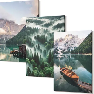 Produktbild von Leinwandbilder – Wandbilder – Leinwandbild – Canvas Bild – Polycanvas – Kunstdruck –  – Modern – Aufhängefertig – Mehrteilig – 3-Teilig – 40x60 Cm Pro Bild - Berglandschaften mit See, Boot und Wald im Nebel