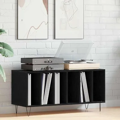 Produktbild von Schallplattenaufbewahrung 100x38x48 cm Schallplattenregal mit 2 Regalböden Schrank aus Holzwerkstoff Eichenoptik schwarz Plattenregal mit Stahlbeinen 100 cm