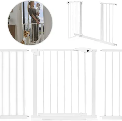 Zdjęcie produktu dla Bramka barierka zabezpieczająca 74-132 cm na schody i drzwi stal dodatkowe panele biała ECOTOYS