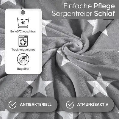 Produktbild von Kuscheli® - warme Spannbettlaken aus Cashmere-Touch Stoff - mit Muster in verschiedene Größen und Farben - Bettlaken Jersey Fleece Biber Spannbetttuch Laken, Farbe:Sterne-GRAU, Größe:180-200 x 200 cm