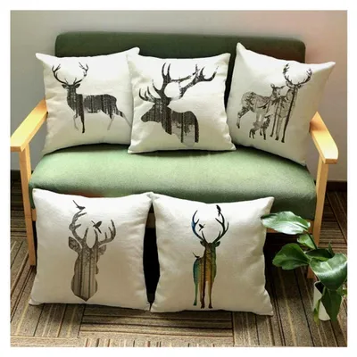 Produktbild von Kissenbezug 5-teiliges Set Weihnachten Rentierkopf Dekoration Sofa Kissen Creme Leinen Hirsch Animal Print 45x45cm