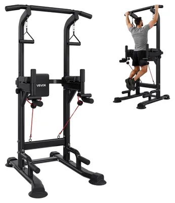 Produktbild von VEVOR Klimmzugstange, 150kg Power Tower Dip Station, Trainings-Dip-Station mit H-förmigem stabilen Fundament & Hilfsplattform, verstellbare 9-stufige Höhe Klimmzugständer für den Rücken, 3-stufig verstellbare Ellenbogenpolster, All-in-One Multifunktionsgerät, Mit Schmetterlingsarm