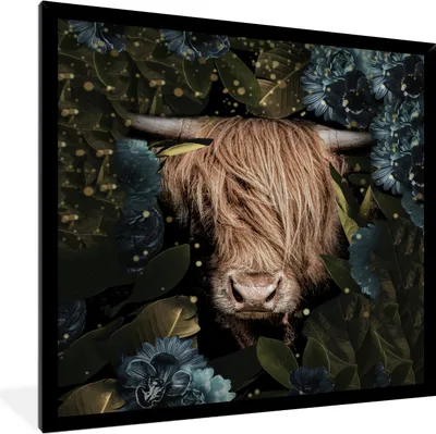 Produktbild von MuchoWow® MuchoWow® Gerahmtes Poster Schottisches Hochlandrind - Blumen - Blätter - Licht 40x40 cm - Poster mit zchwarzem Bilderrahmen - Mit Rahmen - Wanddekoration Schlafzimmer