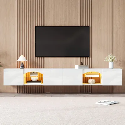 Immagine prodotto di Mobile TV in bianco lucido con 4 ante e 2 vani a giorno, mobile TV con illuminazione LED controllabile tramite app, supporto TV con ripiani in vetro
