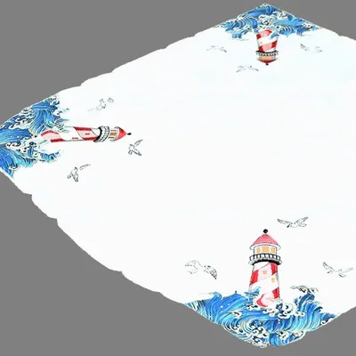 Maritime Tischdecke 85x85 cm mit Stickerei Wellen & Leuchtturm