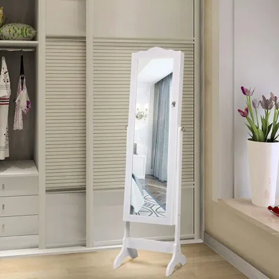 Produktbild von Schmuckschrank stehend, Schmuckregal mit 14 LED Leuchten, Schmuckkommode mit Standspiegel neigungsverstellbar, dreieckiger Staender, abschliessbarer Spiegelschrank Schmuck Holz (weiss)