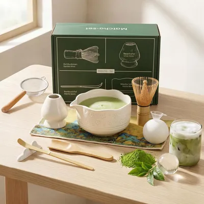 Obrázok produktu pre Sada na prípravu matcha, 9-dielna, s miskou s motívom čerešňových kvetov, štetkou (chasen), lyžičkou (chashaku), držiakom na štetku, sitom, utierkou a formičkou na ľad, farba: béžová