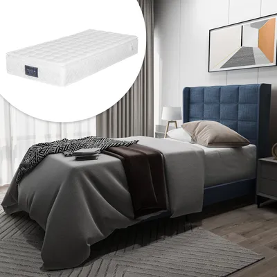 Image de Sweiko Lit rembourré Lit simple avec tête de lit moelleuse et sommier à lattes en bois Lin bleu 90 x 200 cm avec matelas moyennement ferme