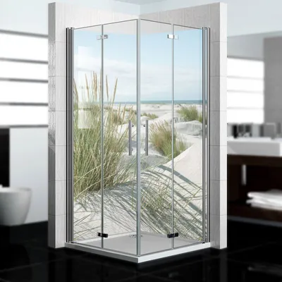 A modern bathroom with a glass shower enclosure featuring a scenic beach and dune grass image.