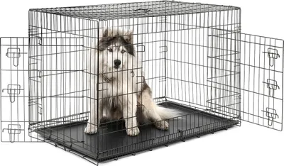 Produktbild von lionto Transportkäfig für Tiere, faltbarer Metallkäfig mit Trennwand, Kunststoffboden & Sicherheitsverriegelung, 122x75x81 cm