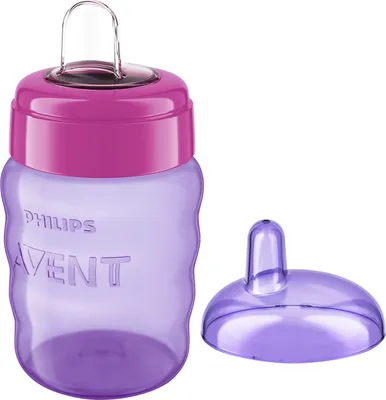 A purple Avent sippy cup with a pink lid and a separate purple sippy spout lid, presented against a white background.