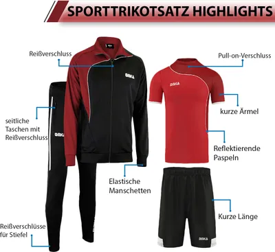 Produktbild von 4er Set Trainingsanzug + Trikotsatz, Jacke + Jogginghose + Trikot + Hose, Sportanzug Jogginganzug Freizeitanzug, Größe:M, Farbe:Rot/Schwarz