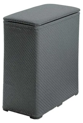 A gray laundry basket with a lid.