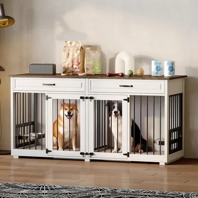 Produktbild von Große Hundekäfig mit 2 Schubladen und 2 Türen für 2 Hunde, mit drehbarer Hundenapf, XXL Hundebox für Innenbereich, Weiß+Braun, MDF+Metall, 164×70×80cm