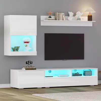 Produktbild von 175*39*34cm TV Wohnwand-set mit Vitrine (Komplett-Set, 3-St),Mediawand inkl.TV-Board, Standregal und Wandregal,TV Wohnzimmermöbel-Set mit LED und Hochglanz,TV-Schrank,stehend&hängend,TV bis 80',Weiß
