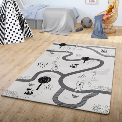 Produktbild von TT Home Teppich Kinder Kinderzimmerteppich Kinderteppich Babymatte Straße Bär Fuchs Baum Größe 80x150 cm