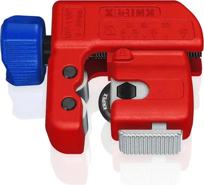 A close-up studio shot of a red and blue pipe cutter on a white background.