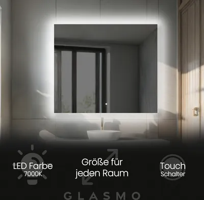 Produktbild von Wandspiegel mit Beleuchtung 100x100 cm Ellie - Quadratisch Rechteckiger Badspiegel mit LED Beleuchtung - Kaltweiß 7000K - Badezimmerspiegel Lichtspiegel mit Touch Schalter
