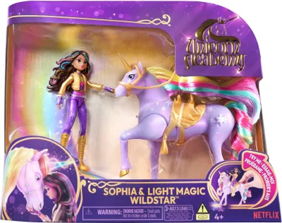 Produktbild von Spin Master Unicorn Academy Spielfiguren-Set: Sophia & Einhorn – Mehrfarbig, mit Licht, projiziert magische Regenbogensterne. 8-teilig, 7 flexible Punkte. Maße: 22,86 x 5,71 x 20,32 cm. Kompatibel mit anderen Unicorn Academy Sets.