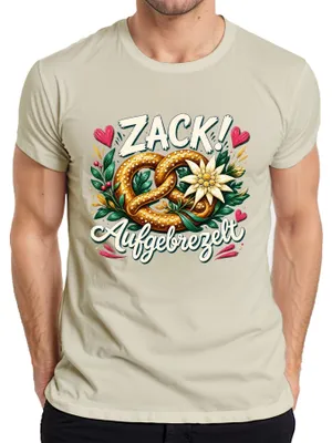 Zdjęcie produktu dla Zack Aufgebrezelt: Koszulka męska z motywem brezelka, edelweiss, , lederhose (tradycyjne bawarskie spodnie skórzane), dirndl (tradycyjna bawarska sukienka), kolor: naturalny, rozmiar: M
