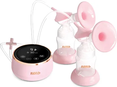 A pink electric double breast pump with bottles and a control unit.