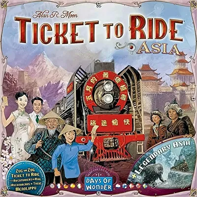The cover art for the board game "Ticket to Ride: Asia" (also known as "Zug um Zug - Asien"). It features a vintage train, people in traditional Asian attire, and a mountainous landscape with pagodas.