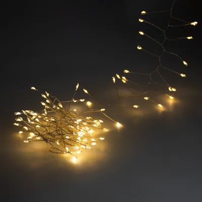 A string of warm white LED lights on thin wires, clustered in some areas and spread out in others, against a dark background.