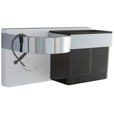 A wall-mounted organizer with a chrome finish and a dark gray plastic compartment.