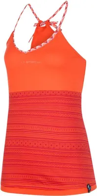 Rotes Damen-Tanktop "Dance Tank W" von La Sportiva mit verstellbarem Träger und dekorativem Muster.