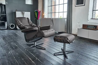 Produktbild von KAWOLA Sessel MODO Relaxsessel drehbar Leder dunkelgrau mit Hocker