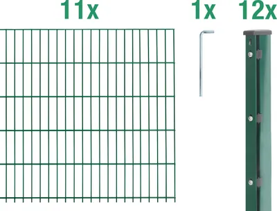 Produktbild von Alberts Doppelstabmattenzaun 6-5-6, Matten 2,50 m, Höhe 2,03 m, Länge 27,5 m, grün, Zaun als Komplettset, Pfosten mit Abdeckleiste 60x40 mm