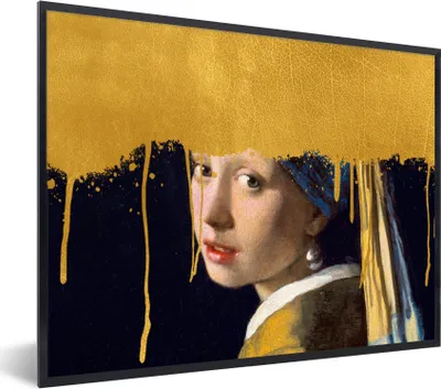 Produktbild von MuchoWow® Gerahmtes Poster Vermeer - Mädchen mit Perlenohrring - Gold 80x60 cm - Poster mit Schwarzem Bilderrahmen Wandposter Rahmen Foto Bilder - Schwarzem - Mit Gestell