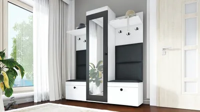 Produktbild von Flurgarderobe DUO-2, Spiegel, Garderobenschrank, 2 Schuhschränke, 6 Kleiderhaken, 2 Hutablagen - Weiß