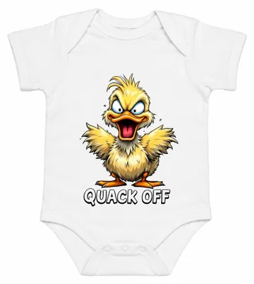 Obrázek produktu pro QUACK OFF – Vtipný a sarkastický obrázek s kachnou, černý dětský body, bílá barva, velikost 3/6 měsíců