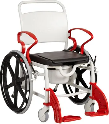 Produktbild von FabaCare Dusch- Toilettenrollstuhl Miami, 24 Zoll Räder, bis 150 kg, Germany, Premium Toilettenstuhl, Duschstuhl fahrbar, Rollstuhl mit WC Eimer, Grau-Feuerrot