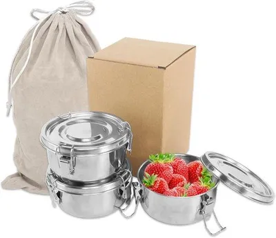 Produktbild von Famanu Set von 3 Edelstahl-Brotboxen – Auslaufsichere Lebensmittelbehälter mit Aufbewahrungstasche, 350 ml