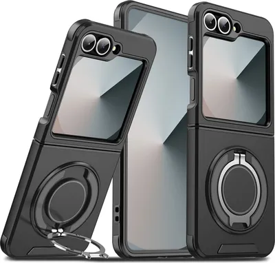 Immagine prodotto di Custodia a doppio strato per Samsung Galaxy Z Flip6 / Z Flip7 FE, con copertura scorrevole della fotocamera e supporto ad anello magnetico Nero