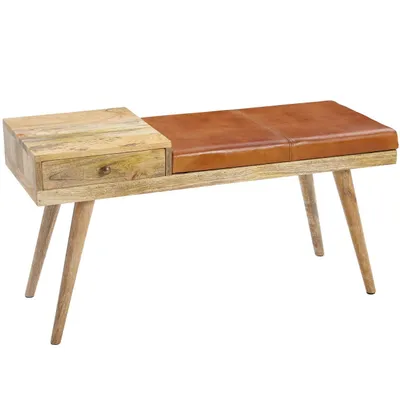 Produktbild von Sitzbank Ziegenleder / Massivholz Bank 100x52x38 cm im Retro Stil, Flur Polsterbank mit Stauraum, Gepolsterte Lederbank Aufbewahrung Braun, Kleine Bettbank Echtleder, Flurbank