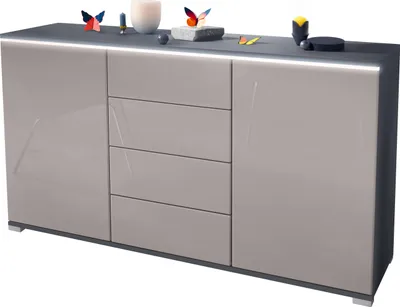 Produktbild von Vladon Sideboard Faro V1 - Kommode mit 2 Türen & 4 Schubladen, Schrank mit LED Lichtleiste, Anthrazit matt / Sandgrau Hochglanz (138,5 x 75,5 x 35)