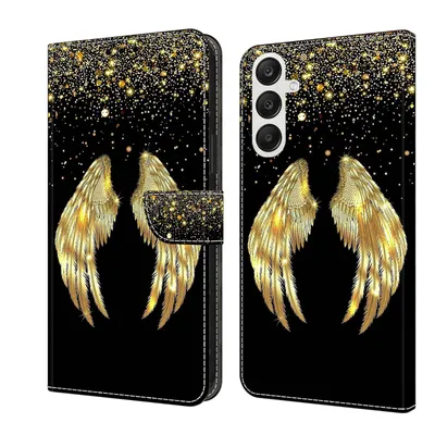A product image of a phone case with a gold wing design.