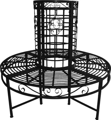 A black metal tree bench with a circular seat and a cylindrical backrest.