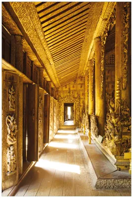 Produktbild von Wallario Wandbild aus Acryl, 90 x 60 cm, freischwebende Optik - Buddhistischer Tempel aus Holz - Mandaley