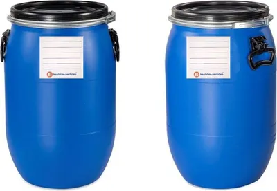 Produktbild von kanister-vertrieb® 2 Stück 60 Liter Deckelfass, Kunststofffass, Futtertonne, Fass, Weithalsfass Farbe blau inkl. Etikett (2x60 D)