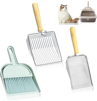 Immagine prodotto di Set di paletta per lettiera per gatti, composto da 3 pezzi, in metallo, con manico antiscivolo, ideale per la cura dei gatti